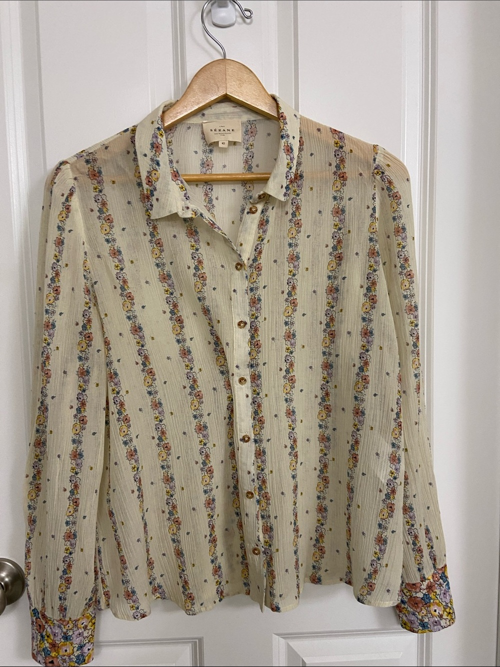Cream Floral-Stripe Casual Button-Down Shirt